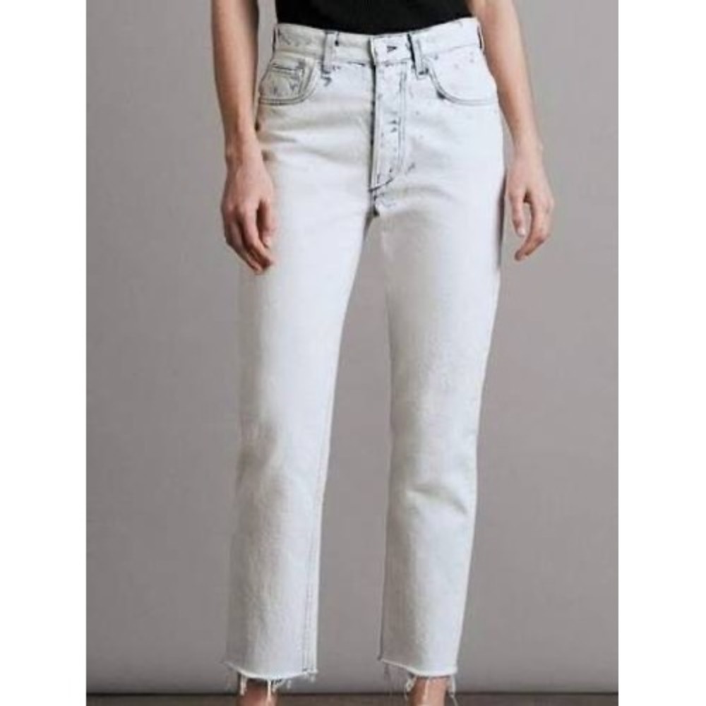 Rag & Bone HalfMoon Splatter Straight Leg Jean Raw Hem White Blue WDD22P2903B1HM